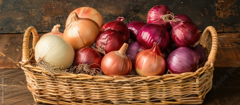 Aufkleber Red onions in a wooden basket against a white background. with copy space image. Place for adding text or design