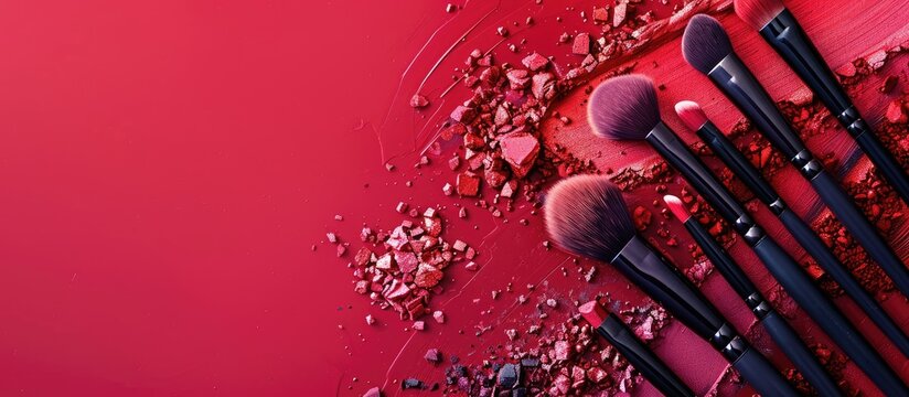 premium makeup brushes on a vibrant background artistic cosmetics flat lay makeup tools copyspace