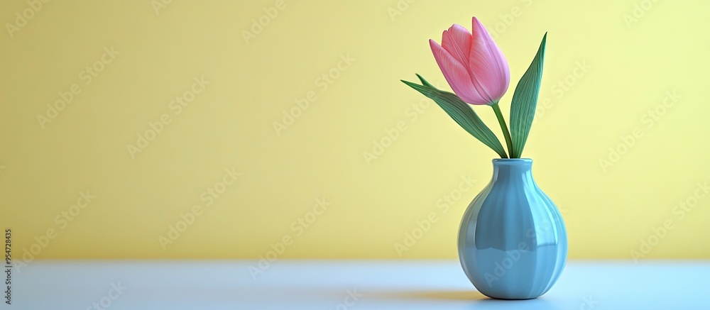 Poster a single pink tulip in a blue vase on a table captured up close against a white and yellow backgroun