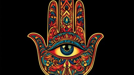 Naklejka premium A vibrant design of a hamsa hand with intricate patterns and a prominent blue eye at the center on a black background, symbolizing protection and spiritual insight.