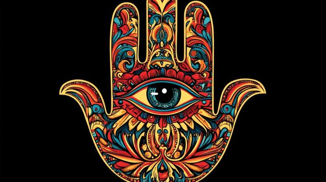 An artful representation of a hamsa hand adorned with a central eye and surrounded by detailed, colorful patterns, symbolizing protection, and cultural significance.