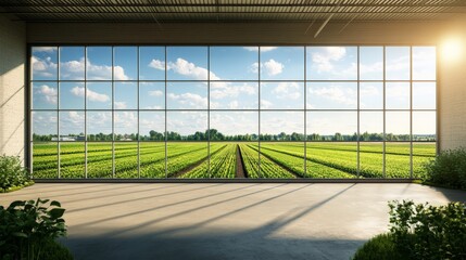 Modern greenhouse with large glass windows overlooking a vast agricultural field under a sunny, blue sky.