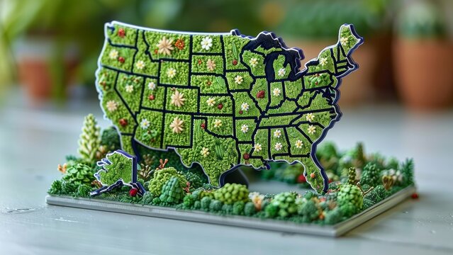 A green and lush miniature model of the United States with state borders.
