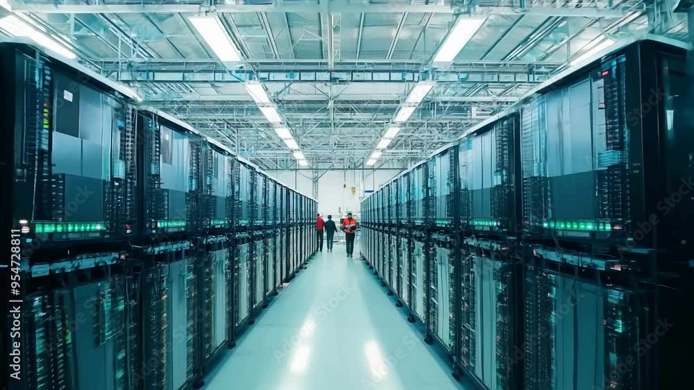 Poster exploring a state-of-the-art data center showcasing cutting-edge technology and infrastructure used 