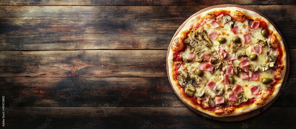 Poster artichoke pizza with ham and olives as a fast food snack or appetizer on the table featuring copyspa