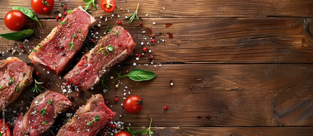 Fototapete fresh steaks seasoned with herbs and spices on a wooden table. with copy space image. place for addi