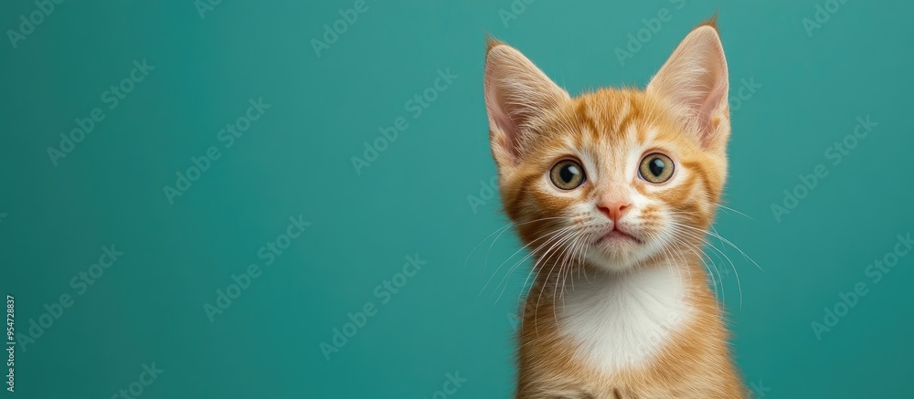 Poster portrait of an orange and white tabby kitten gazing directly at the viewer with a skeptical look a g