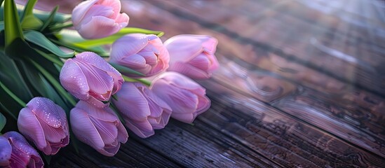 A lovely bouquet of pink and purple tulips on white painted wood. with copy space image. Place for adding text or design