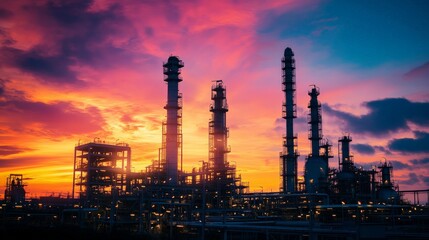 Obraz premium Oil refinery silhouetted against a vibrant sunset sky, showcasing industrial beauty and contrasting colors in energy production landscape.