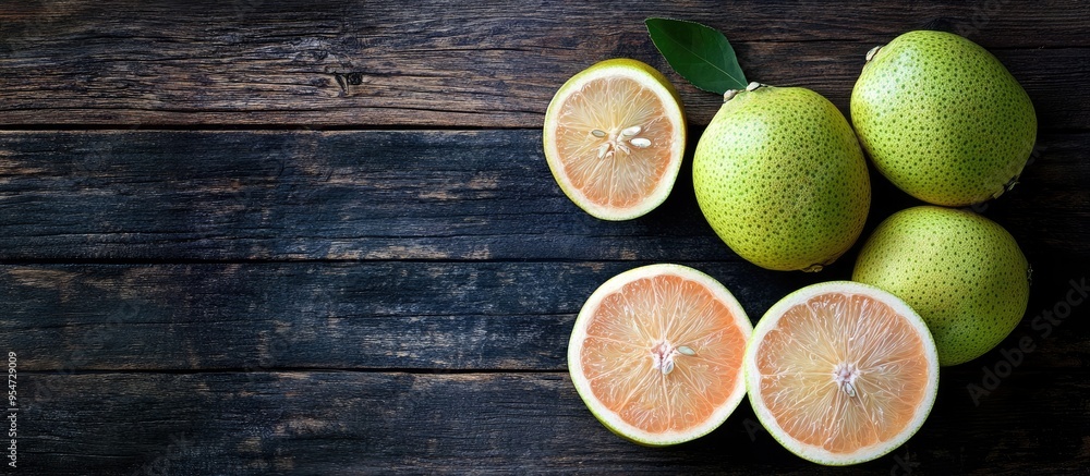 Leinwandbilder top view of fresh pomelo on a dark wooden table background for the mid autumn festival fruit. with c