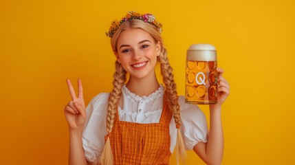 A person dressed in traditional attire holds a beer mug and makes a peace sign against a bright yellow background, exuding cheerfulness and celebration.