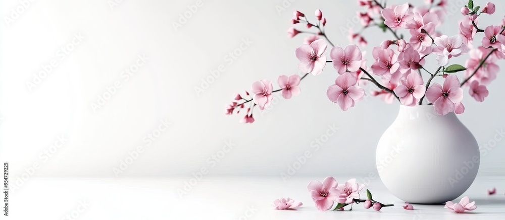 Aufkleber Pink cherry branch in a vase on a white background with flowers. with copy space image. Place for adding text or design