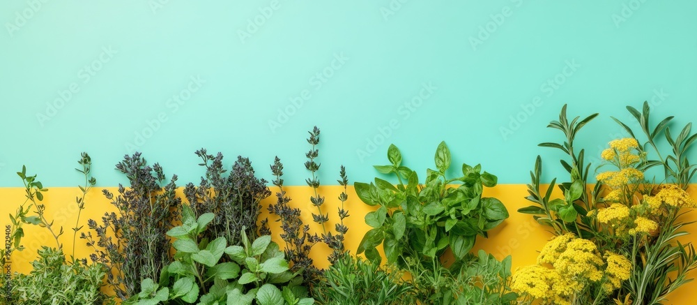 Fototapete Arrangement of various herbs on a colorful background. with copy space image. Place for adding text or design