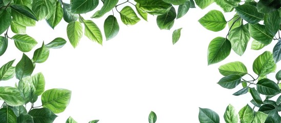 Fototapeta premium Fresh and Lively Green Leaves Border and Frame on a White Background Organic Design Idea. with copy space image. Place for adding text or design