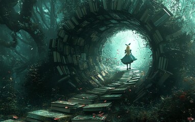 Craft an image of Alice in Wonderland tracking a white rabbit into a rabbit hole, with a trail of books marking the way © Nattapat