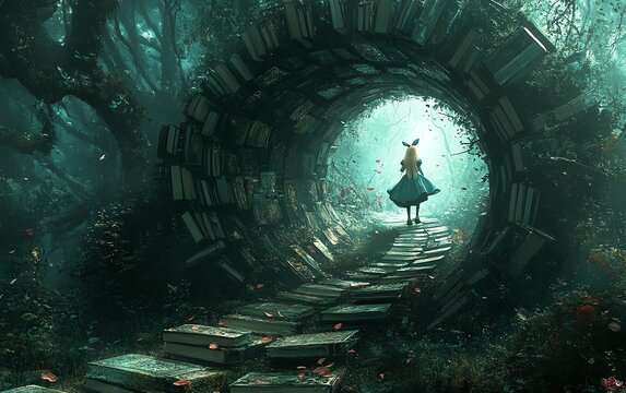 Craft an image of Alice in Wonderland tracking a white rabbit into a rabbit hole, with a trail of books marking the way