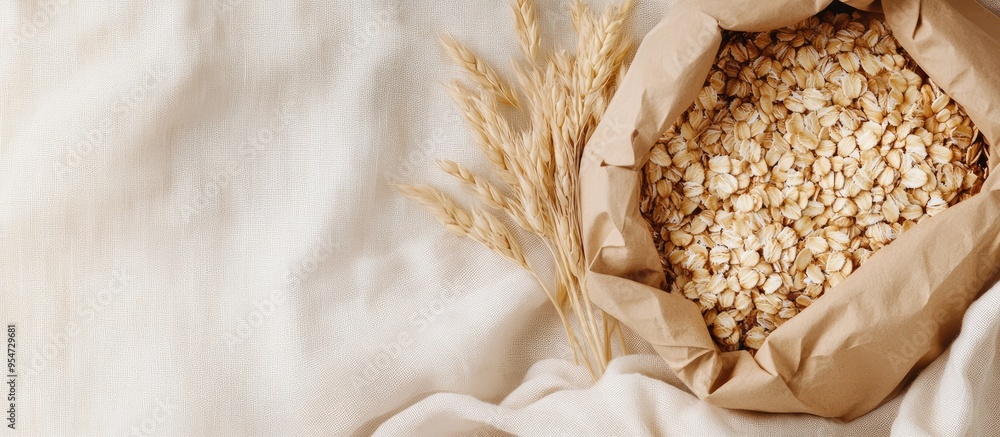 Poster dry natural oat flakes oatmeal in an eco friendly paper bag natural linen backdrop featuring the eco