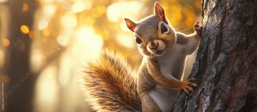 Poster Close up of a squirrel on a tree with sun flare. with copy space image. Place for adding text or design