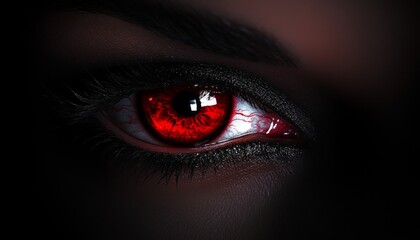 Fototapeta premium Two Vibrant Red Female Devil Eyes with Intense Stare Glowing in Darkness