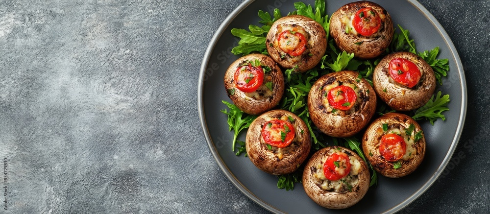 Leinwandbilder plate of delicious stuffed mushrooms on a grey table. with copy space image. place for adding text o