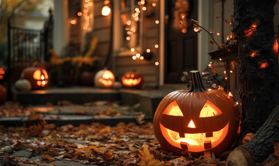 Entrance to a house decorated for Halloween celebration with pumpkins, spider webs and scary decorations ready for trick or treating