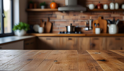 Wooden table and blurred kitchen background for display of product or object presentation. Generative AI