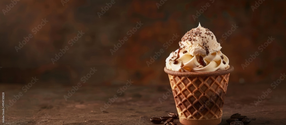 Poster Vanilla and coffee ice cream served in a waffle cup. with copy space image. Place for adding text or design