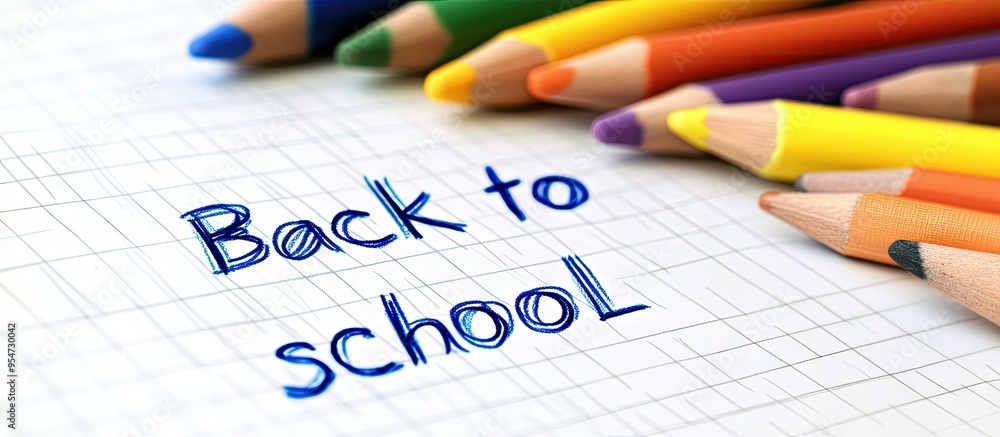 Aufkleber Back to school written on white paper with crayon. with copy space image. Place for adding text or design