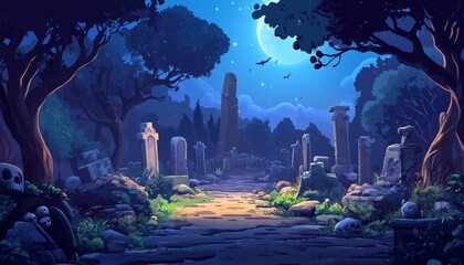 Obraz premium Graveyard Game Background with Full Moon and Spooky Tombstones Under a Cloudy Night Sky
