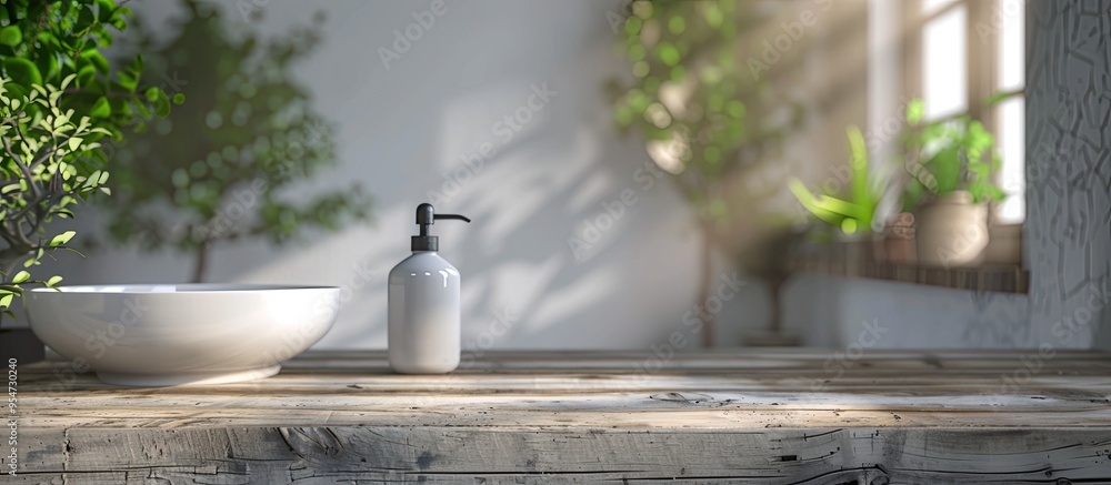 Poster Bathroom tabletop for product showcasing against a blurred sink background. with copy space image. Place for adding text or design
