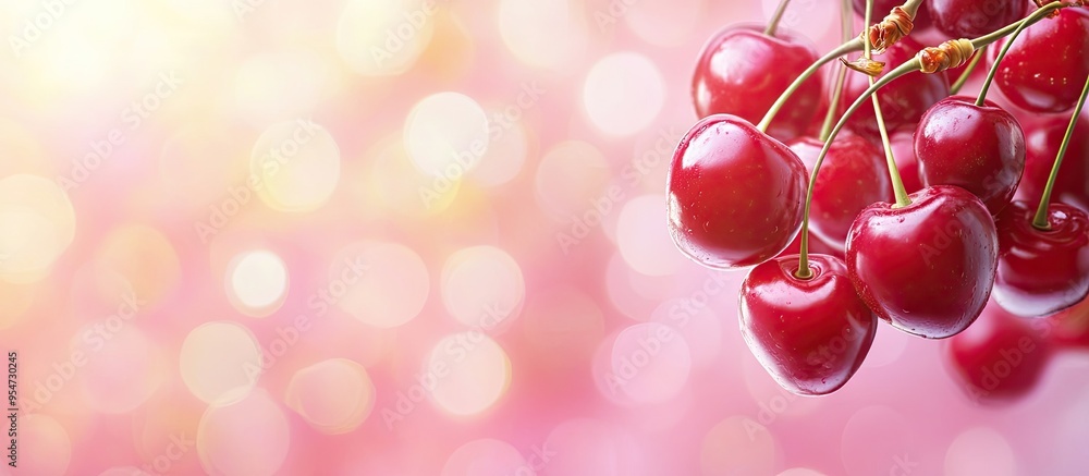 Fototapete Numerous ripe sweet cherries on a colorful background. with copy space image. Place for adding text or design