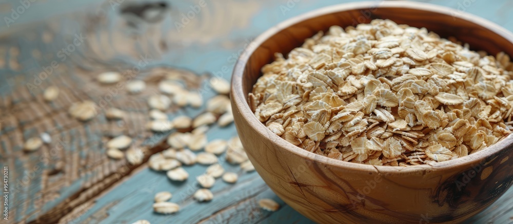 Aufkleber Oat flakes rolled oats in a white bowl on a wooden table with free space in a horizontal layout Healthy diet food. with copy space image. Place for adding text or design