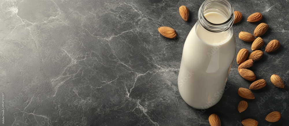 Poster almond milk in a glass bottle with almonds on a gray marble table horizontal image copyspace top vie