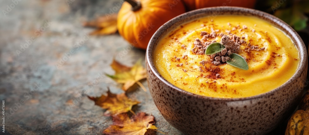 Poster Homemade pumpkin pudding for fall gourmet dessert image. with copy space image. Place for adding text or design