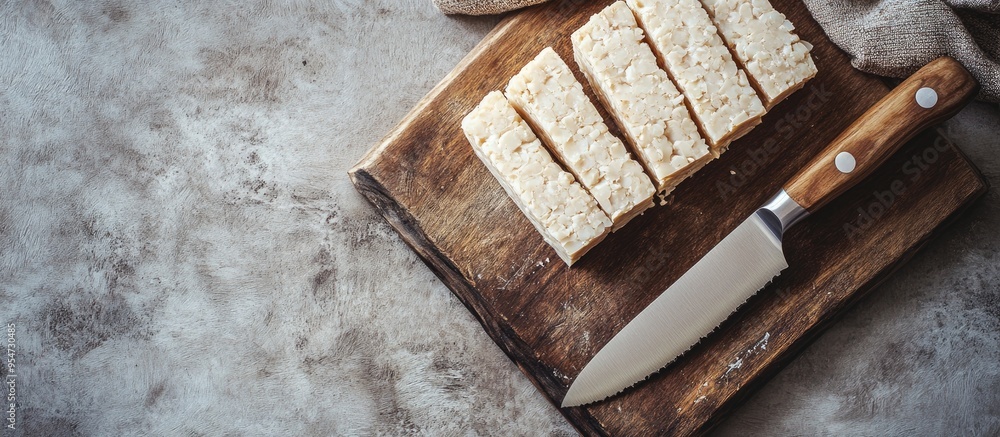Leinwandbilder fresh raw tempeh on a cutting board with a knife for chopping concept of food preparation. with copy