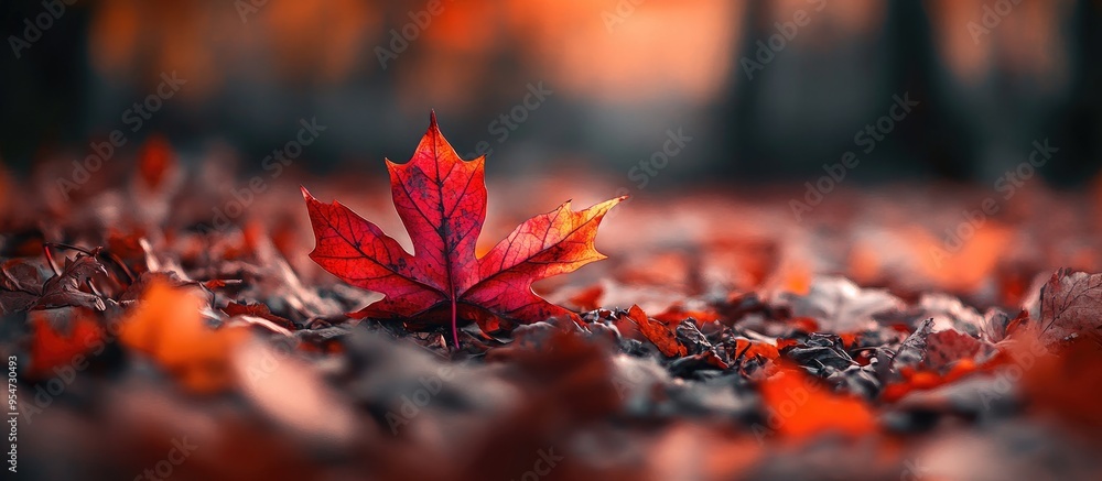 Aufkleber A bright burgundy maple leaf on the ground among fallen leaves Leaves are falling Autumn backdrop Soft focus with a shallow depth of field. with copy space image. Place for adding text or design