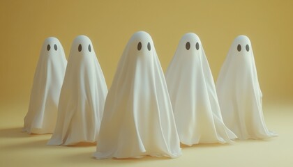 White Realistic Halloween Ghosts Floating in a Foggy Night Scene with Eerie Lighting