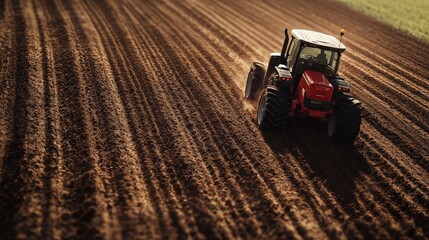 Fototapeta premium Red tractor plowing a vast, freshly tilled farmland under a clear sky, ready for new planting season. Modern agriculture machinery in action.