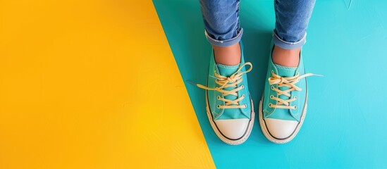 New sneakers and a new hat against a vibrant background Copy space Top view Mock up The idea of a festive holiday and vibrant travel experiences