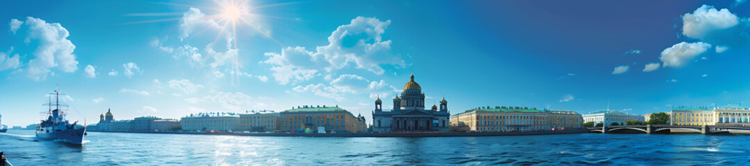 Naklejka premium Panoramic city skyline by waterfront on sunny day
