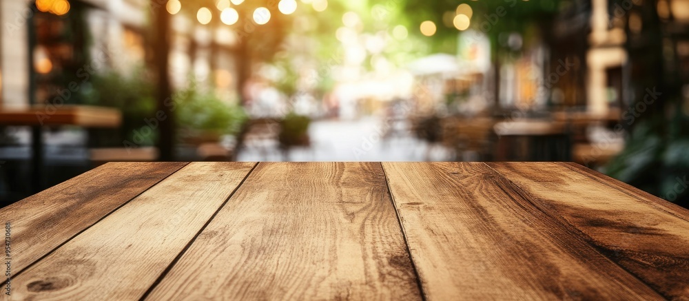 Aufkleber selected focus on an empty brown wooden table with a blurred coffee shop background featuring bokeh 