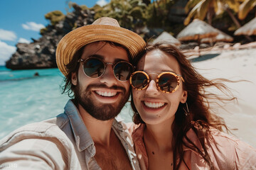 AI generated image of happy person taking selfie picture trip vacation day outdoors
