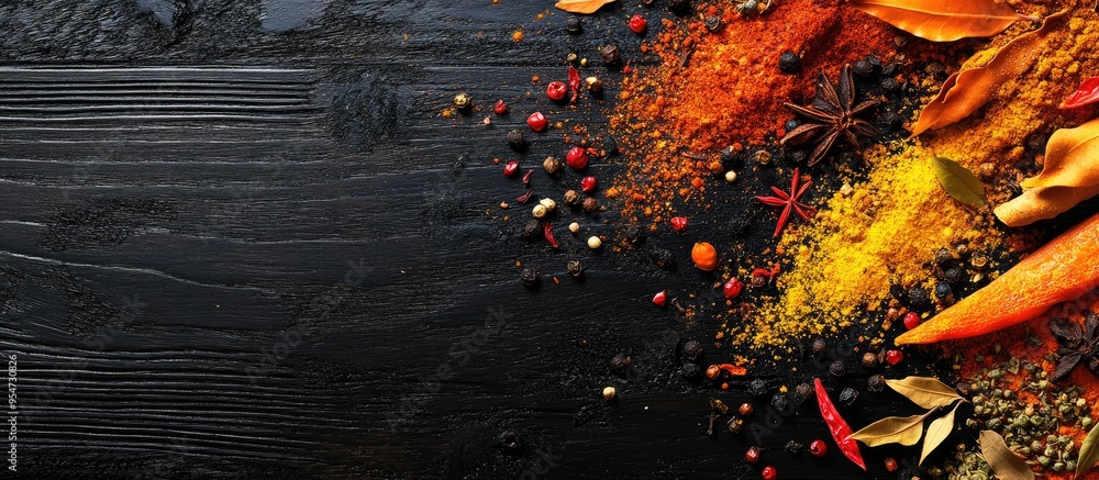 Poster various spices on a black wooden background top view with copyspace