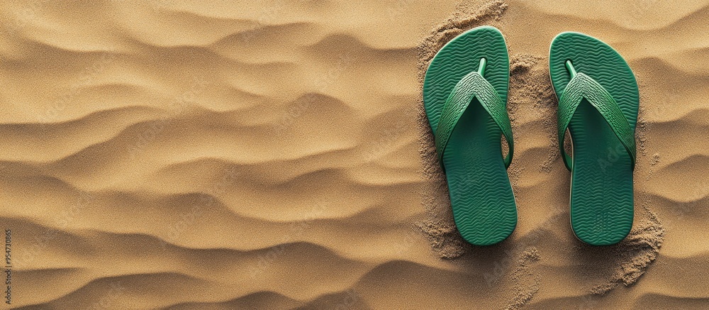 Aufkleber Green flip flops on sand flat lay with text space Beach item. with copy space image. Place for adding text or design