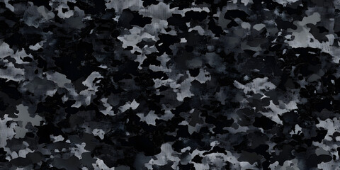 Seamless rough textured military, hunting or paintball camouflage pattern in a dark black and grey night palette. Tileable abstract contemporary classic camo fashion textile surface design texture..