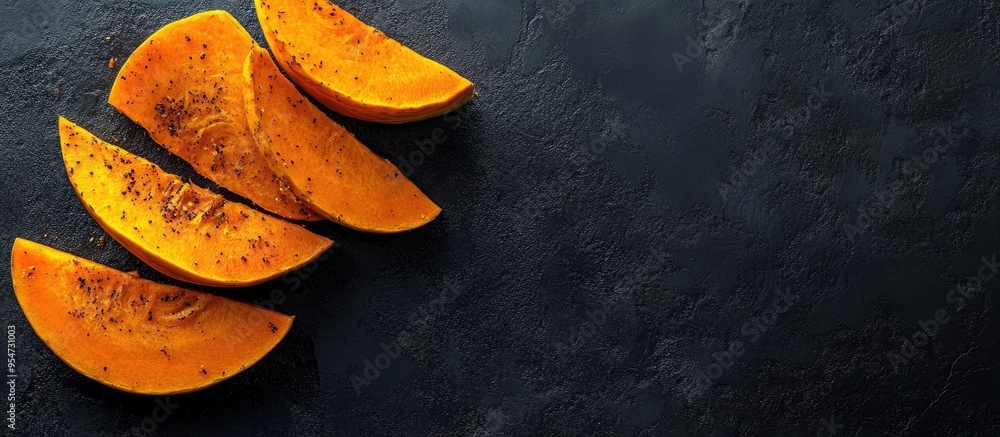 Fototapete Baked pumpkin slices on a dark background viewed from above. with copy space image. Place for adding text or design