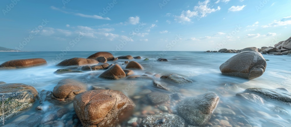 Poster two large boulders in shallow blue ocean water long exposure image. with copy space image. place for