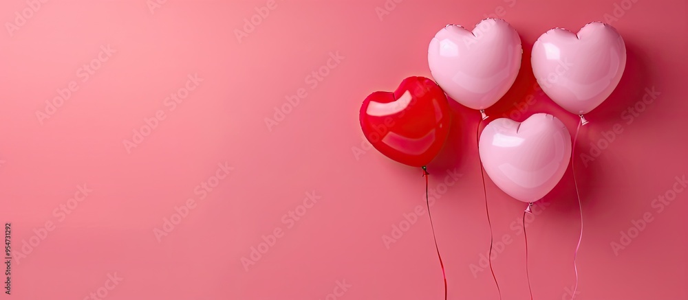 Poster pattern of a red heart shaped balloon on a pink background with a top view flat lay and copy space l