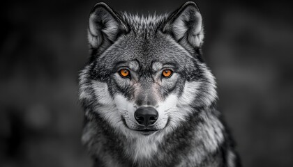 Fototapeta premium Monochrome Image of a Wolf with Intense Gaze in Forest