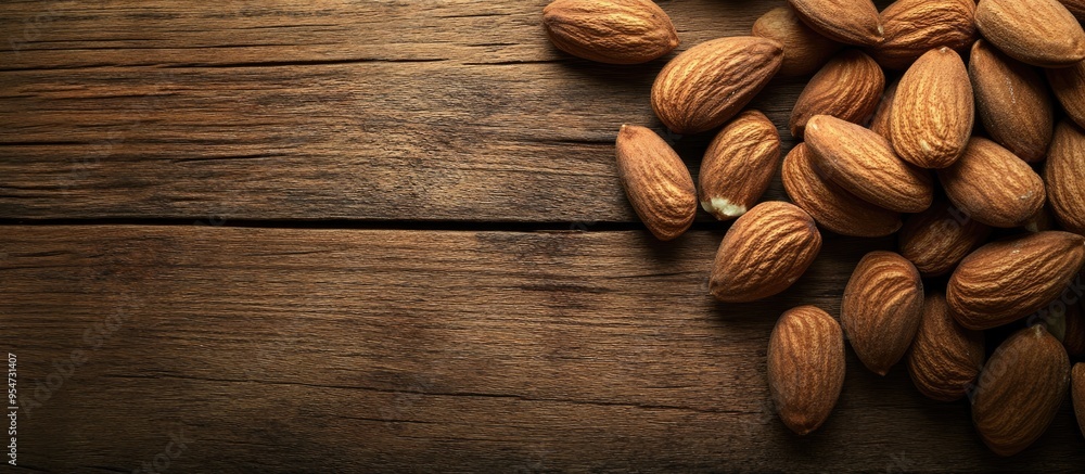 Poster almonds on a wooden surface. with copy space image. place for adding text or design